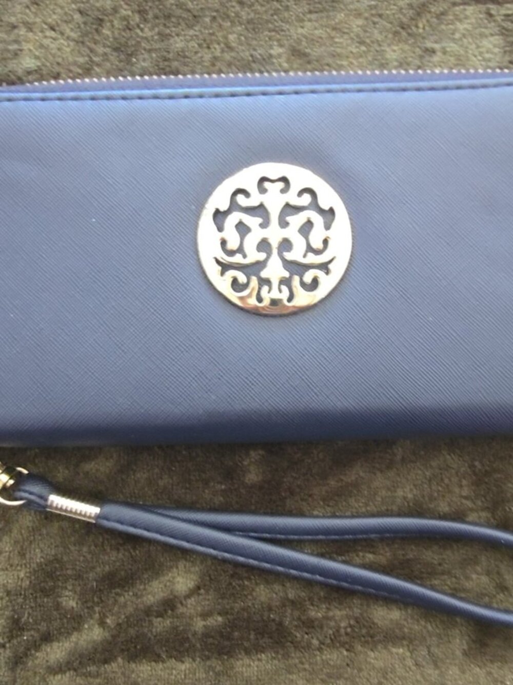 Rebecca & Rifka Navy Saffiano Zip Around Wristlet Wallet, Gold Medallion